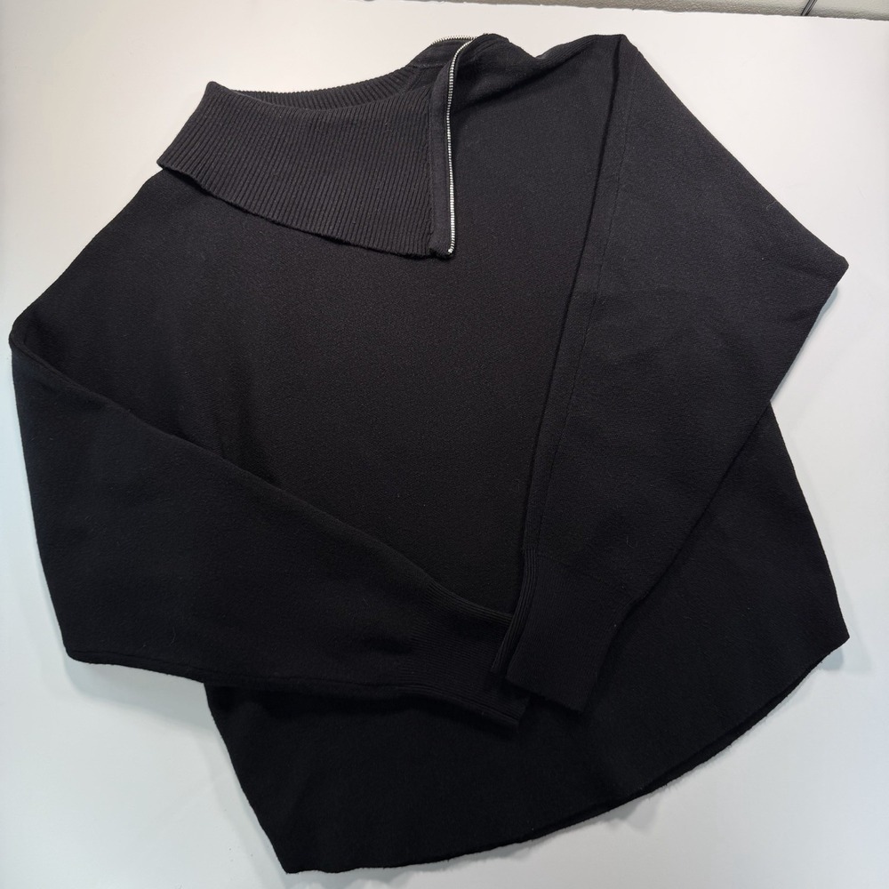 Cynthia Rowley Black Sweater Fold Over Neck Zipper M‎ Classic Minimalist